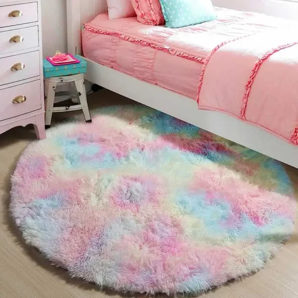 60/80/100/120/140/160 Round Rug Rainbow Fluffy Soft Area Rugs for Kids Girls Room Plush Shag Carpet Cute Circle Bedroom Decor
