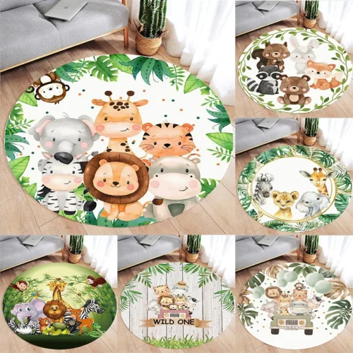 Safari Jungle Animals Print Round Rug Kids Bedroom Carpet Living Room Nonslip Floor Mat Sofa Table Rugs for Home Decor Rug