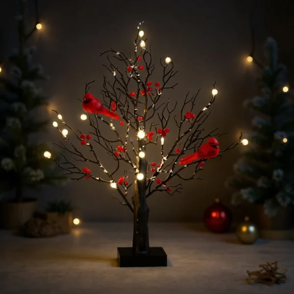 Vintage Cardinal Birch Tree Light - Festive Table Decor