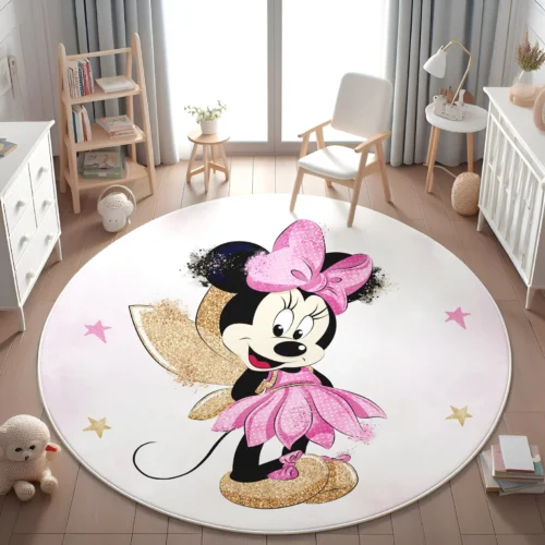 MINISO Pink Minnie Mouse Round Rug for Girls Room Disney Nursery Rug Baby Shower Gift Kids Room Decor Minnie Baby Play Rug