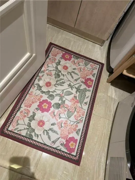 Washable Non-slip Kitchen Rug Pvc Leather Waterproof Anti-slip Floor Mat Long Rugs Oil-proof Foot Mats Pink Flower Home Carpet photo review