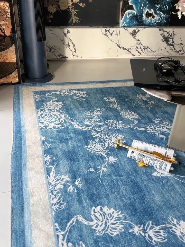 Chinese Retro Living Room Large Area Carpet Ethnic Style Bedroom Carpet Blue Floral Home Rug Soft Non-slip Machine Washable Rugs photo review
