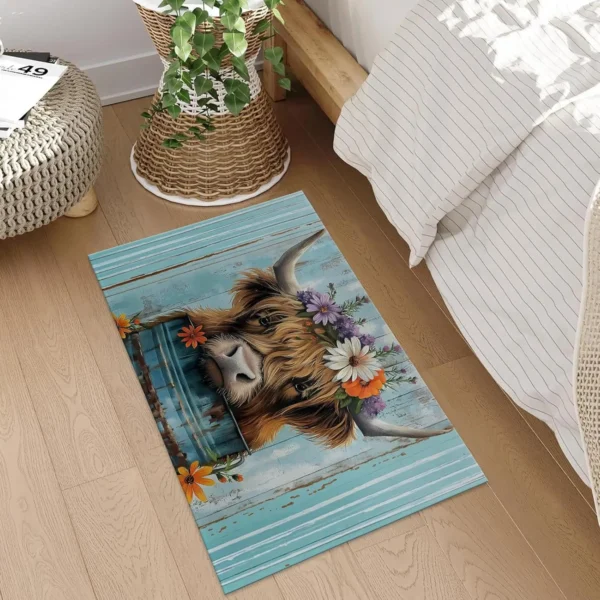 Highland Cow Floral Crown Indoor Door Mat, 17x29.5 Inch, Floor Area Rug for Entryway, Living Room, or Bathroom, Non-Slip Doormat