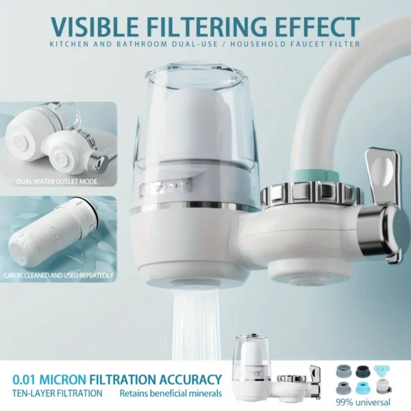 Manual Switch Faucet Water Purifier with 0.1 Micron Ceramic Filter Easy to Install Removable Washable for Home Kitchen Use