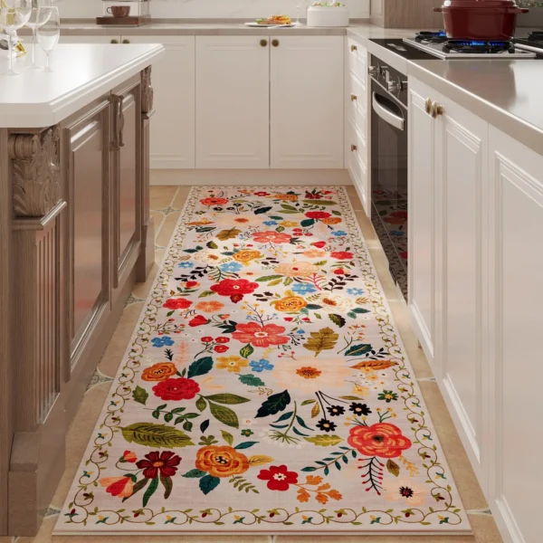 Floral Waterproof Kitchen Mat - Anti-Slip, Machine Washable