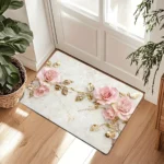 Elegant Pink Rose & Gold Leaf Doormat, Textured Anti-Slip Floor Mat, Bathroom Home Decor Luxury Aesthetic Gift - Image 2