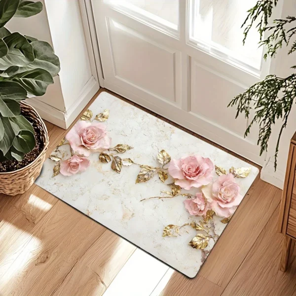 Elegant Pink Rose & Gold Leaf Doormat, Textured Anti-Slip Floor Mat, Bathroom Home Decor Luxury Aesthetic Gift