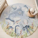 Blue Marine animal Round Carpet for Living Room Baby Girl Room Kids Playroom Mat Bedroom Soft Rug Nursery Decor kid's playmat - Image 3