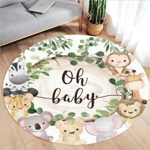 Safari Jungle Animals Print Round Rug Kids Bedroom Carpet Living Room Nonslip Floor Mat Sofa Table Rugs for Home Decor Rug