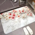 Elegant Cherry Blossom & Marble Bath Mat, Soft Bathroom Floor Rug, Non-Slip Absorbent Home Decor Mat - Image 3