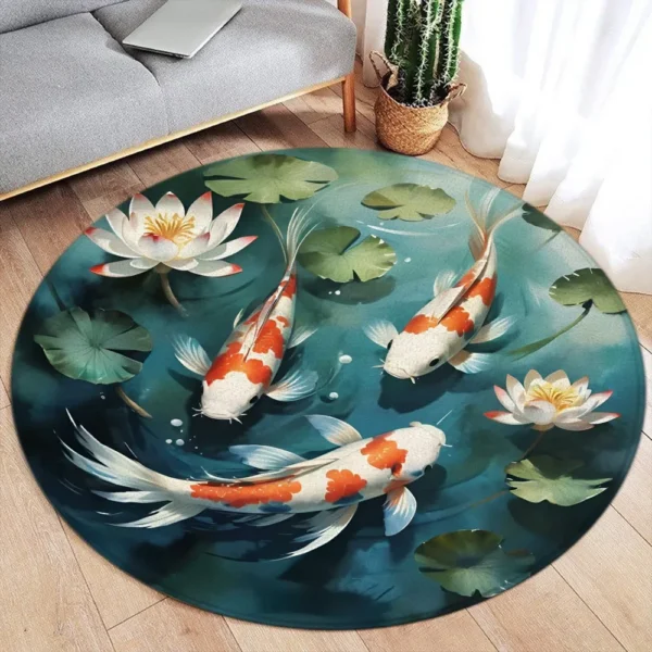 Japanese Style Round Carpet Koi Fish Lotus Cherry Blossom Flower Mountain Water Ink Art Home Living Room Bedroom Decor Floor Rug
