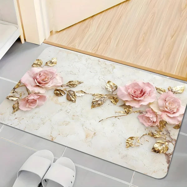 Elegant Pink Rose & Gold Leaf Doormat, Textured Anti-Slip Floor Mat, Bathroom Home Decor Luxury Aesthetic Gift