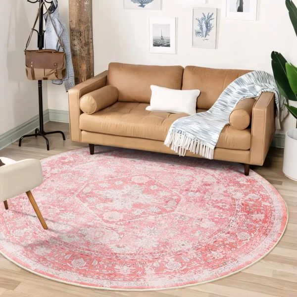 VIKAMA Round Rug Pink Circle Area Rug Washable,Girls Boho Circular Rugs for Bedroom Living Room,Non Slip Throw Carpet Soft