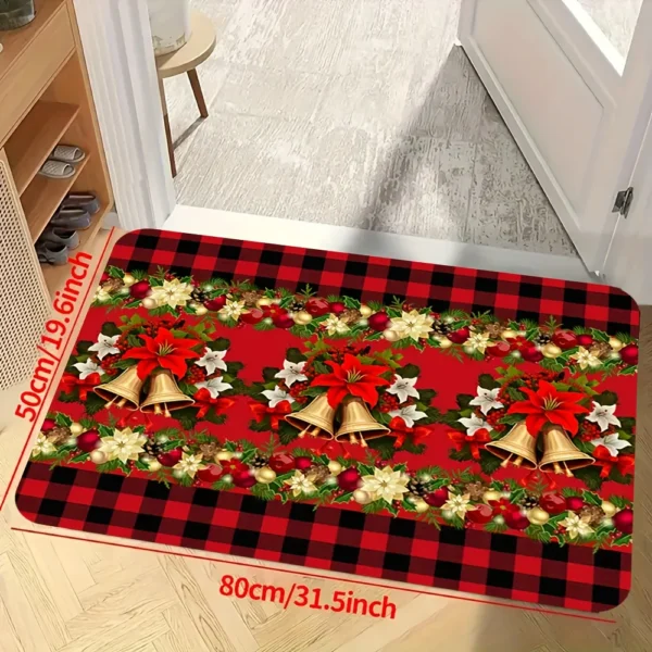 VIKAMA Christmas Themed Entrance Doormat Hallway Anti Slip Water Absorbing Red And Black Checkered Festive Decorative Rug