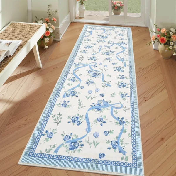 Corridor Carpet Runner Rug Machine Washable Non-slip Floor Mat Green Carpets Floral Ribbon Design Spring Home Decor Rugs