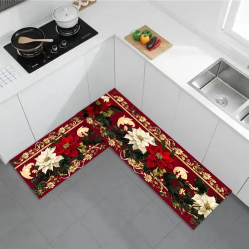 Christmas Poinsettia Floral Kitchen Mat Decor Non-Slip Laundry Room Mats Hallway Balcony Rugs Bedroom Mat Christmas Decorations