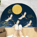 Semi-circular Floor Mats Retro Japanese Style Crane Printed Door Entrance Non-slip Floor Mats Balcony Carpet Hallway Porch Rug