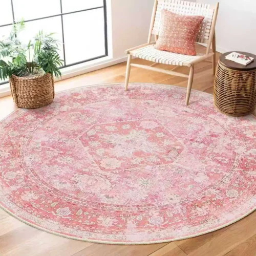 VIKAMA Round Rug Pink Circle Area Rug Washable,Girls Boho Circular Rugs for Bedroom Living Room,Non Slip Throw Carpet Soft