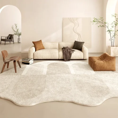 French Cream Style Carpets for Living Room Irregular Shape Bedroom Decor Line Carpet Fluffy Soft Plush Rug Thick Washable Mat