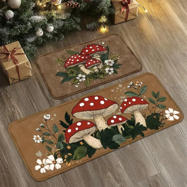 VIKAMA Cute Mushroom Carpet Brown Dirt-Resistant Floor Mat 2pc Kitchen Rug Doormat Welcome Mat Living Room Carpet Room Rug Home