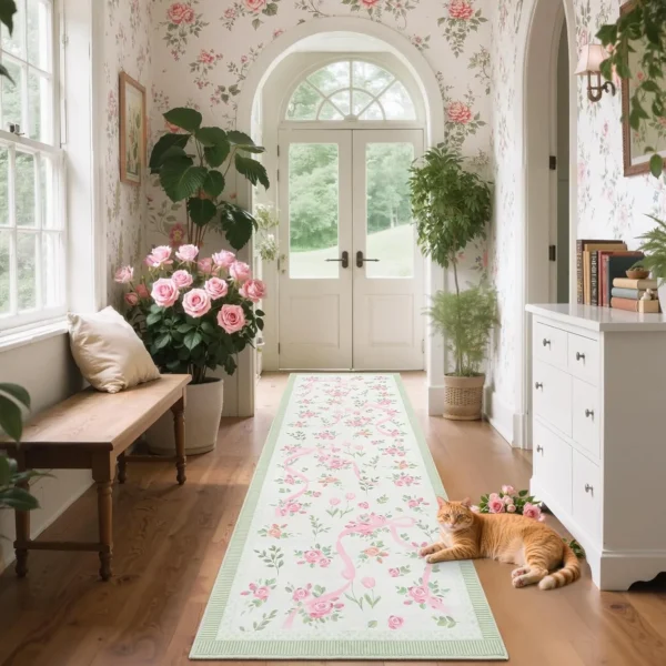 Corridor Carpet Runner Rug Machine Washable Non-slip Floor Mat Green Carpets Floral Ribbon Design Spring Home Decor Rugs