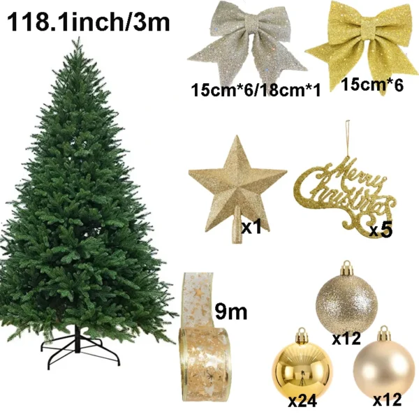 3 m Christmas Tree Decoration Set - Elegant Green Gold Ornaments