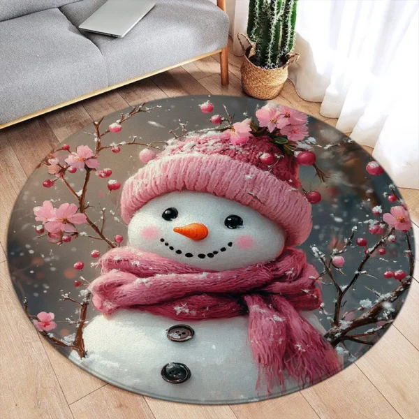 Christmas Snowman Round Carpet Winter Snowflake Pink Floral Berry New Year Xmas Home Living Room Bedroom Decorative Floor Rugs