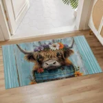 Highland Cow Floral Crown Indoor Door Mat, 17x29.5 Inch, Floor Area Rug for Entryway, Living Room, or Bathroom, Non-Slip Doormat