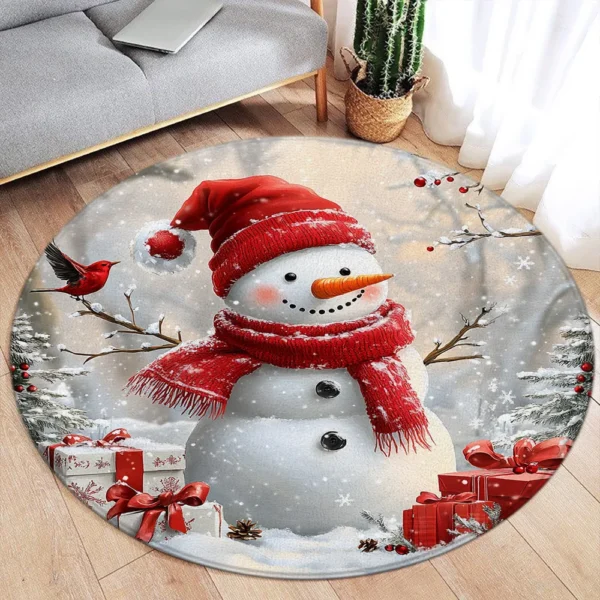 Christmas Snowman Round Carpet Winter Snowflake Pink Floral Berry New Year Xmas Home Living Room Bedroom Decorative Floor Rugs