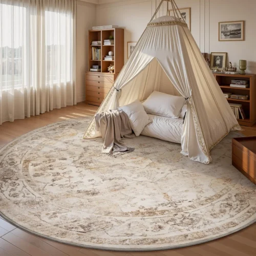 Upgrade with Soft Vintage Beige Round Rug: Washable & Non-Slip!