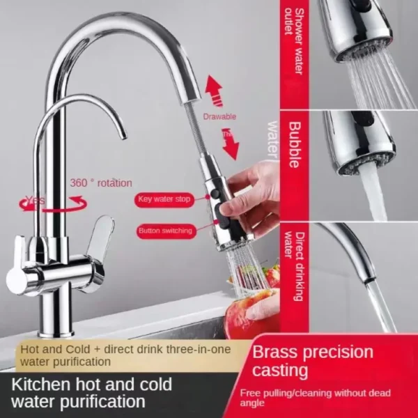 Brass Pull-Out Filter Faucet: Hot/Cold, 5-Stage Direct Pure Water!