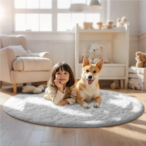 Soft Plush Rugs for Kids Bedroom Play Mat Home Decor Circular Fluffy Carpet for Baby Room Floor Rugs White Rug for Nursery Round