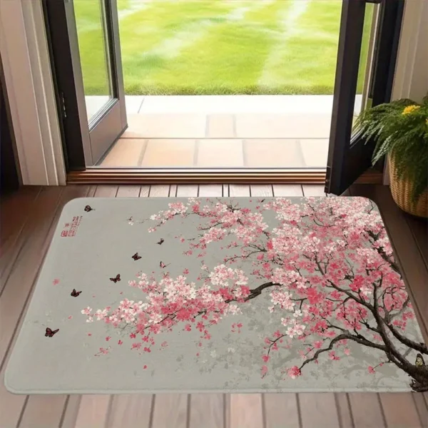 Oriental Cherry Blossom & Butterfly Bath Mat, Zen-Style Bathroom Floor Rug, Non-Slip Absorbent Home Decor Mat