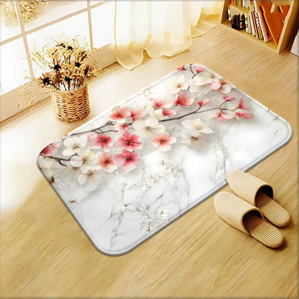Elegant Cherry Blossom & Marble Bath Mat, Soft Bathroom Floor Rug, Non-Slip Absorbent Home Decor Mat