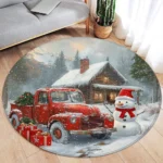 Christmas Snowman Round Carpet Winter Snowflake Pink Floral Berry New Year Xmas Home Living Room Bedroom Decorative Floor Rugs - Image 3