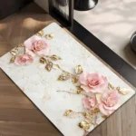 Elegant Pink Rose & Gold Leaf Doormat, Textured Anti-Slip Floor Mat, Bathroom Home Decor Luxury Aesthetic Gift - Image 3