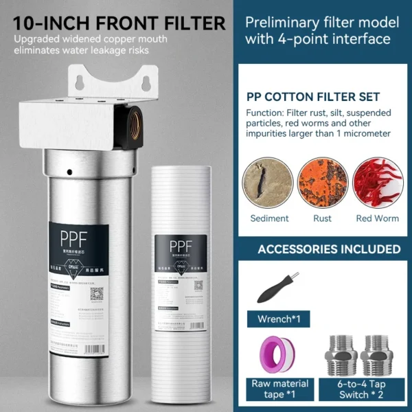 10 Inch Pre Filter 304 Stainless Steel 3/4" High Flow Whole House Household Water Purifier Filtration System