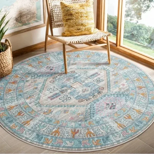 VIKAMA Bohemian Retro Round Loop-Pile Carpet - Vintage Circular Area Rug for Coffee Table, Sofa & Bedroom Non-Slip Home Deco
