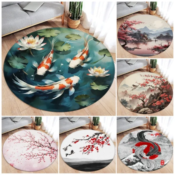Japanese Style Round Carpet Koi Fish Lotus Cherry Blossom Flower Mountain Water Ink Art Home Living Room Bedroom Decor Floor Rug
