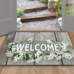 Inviting "WELCOME" & White Flower Bath Mat, Rustic Bathroom Floor Rug, Non-Slip Absorbent Home Decor Mat - Image 3