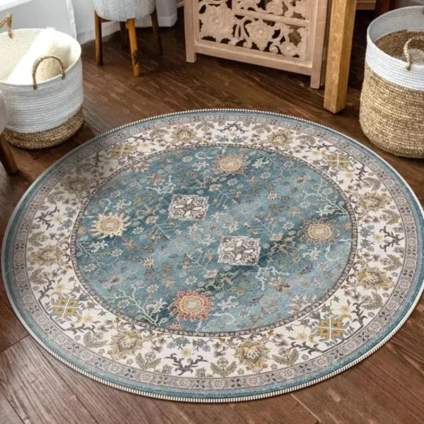 VIKAMA Bohemian Retro Round Loop-Pile Carpet - Vintage Circular Area Rug for Coffee Table, Sofa & Bedroom Non-Slip Home Deco