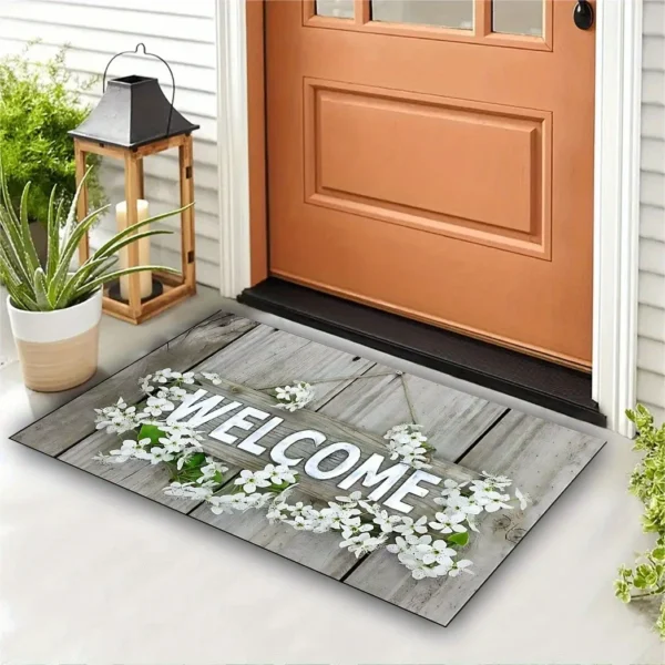 Inviting "WELCOME" & White Flower Bath Mat, Rustic Bathroom Floor Rug, Non-Slip Absorbent Home Decor Mat