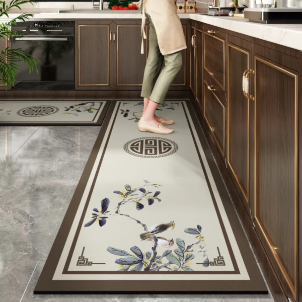 Chinese Style Kitchen Rug Waterproof Non-slip Carpet Flower Bird Pattern PVC Long Rugs Retro Ethnic Style Home Decor Floor Mat