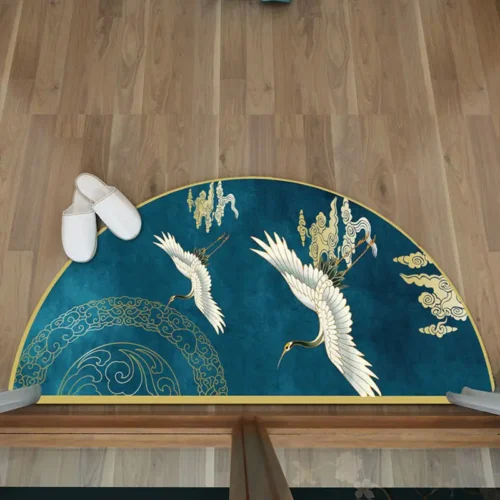 Semi-circular Floor Mats Retro Japanese Style Crane Printed Door Entrance Non-slip Floor Mats Balcony Carpet Hallway Porch Rug