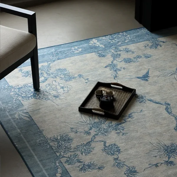 Chinese Retro Living Room Large Area Carpet Ethnic Style Bedroom Carpet Blue Floral Home Rug Soft Non-slip Machine Washable Rugs
