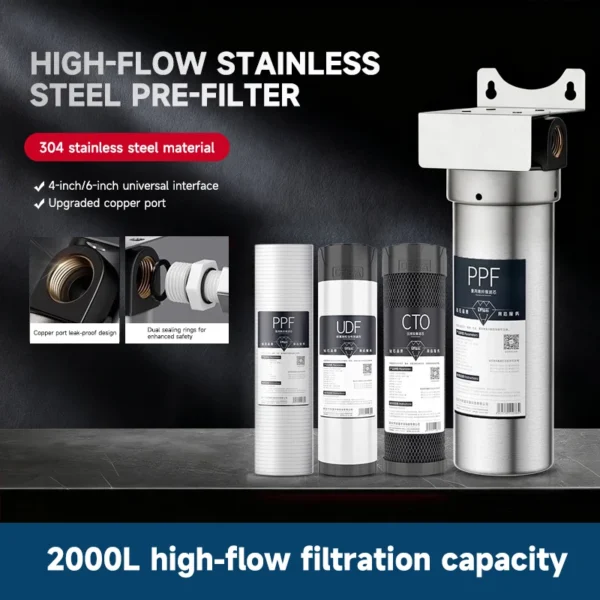 10 Inch Pre Filter 304 Stainless Steel 3/4" High Flow Whole House Household Water Purifier Filtration System