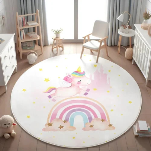 Enchanted Unicorn Floral Round Rug for Home Decor Magical Rainbow Playful Floor Mat for Kids Nursery Bedroom Fantasy Decor