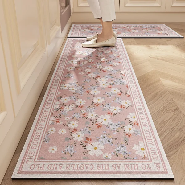 Rugs for Kitchen Floor Mat Pvc Leather Waterproof Non-slip Long Rug Anti-fatigue Foot Mats Pink Flower Home Decor Vinyl Carpet