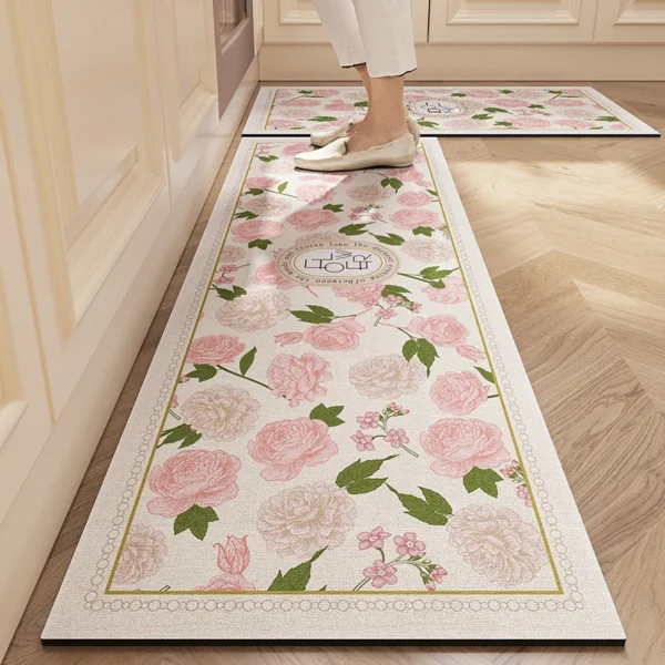 Rugs for Kitchen Floor Mat Pvc Leather Waterproof Non-slip Long Rug Anti-fatigue Foot Mats Pink Flower Home Decor Vinyl Carpet