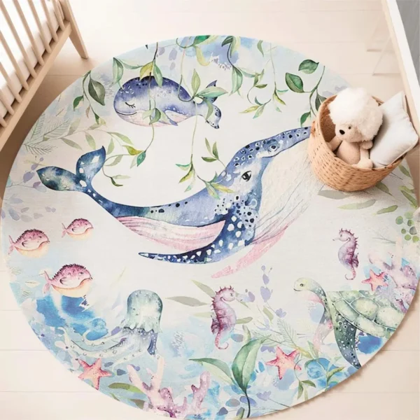Blue Marine animal Round Carpet for Living Room Baby Girl Room Kids Playroom Mat Bedroom Soft Rug Nursery Decor kid's playmat